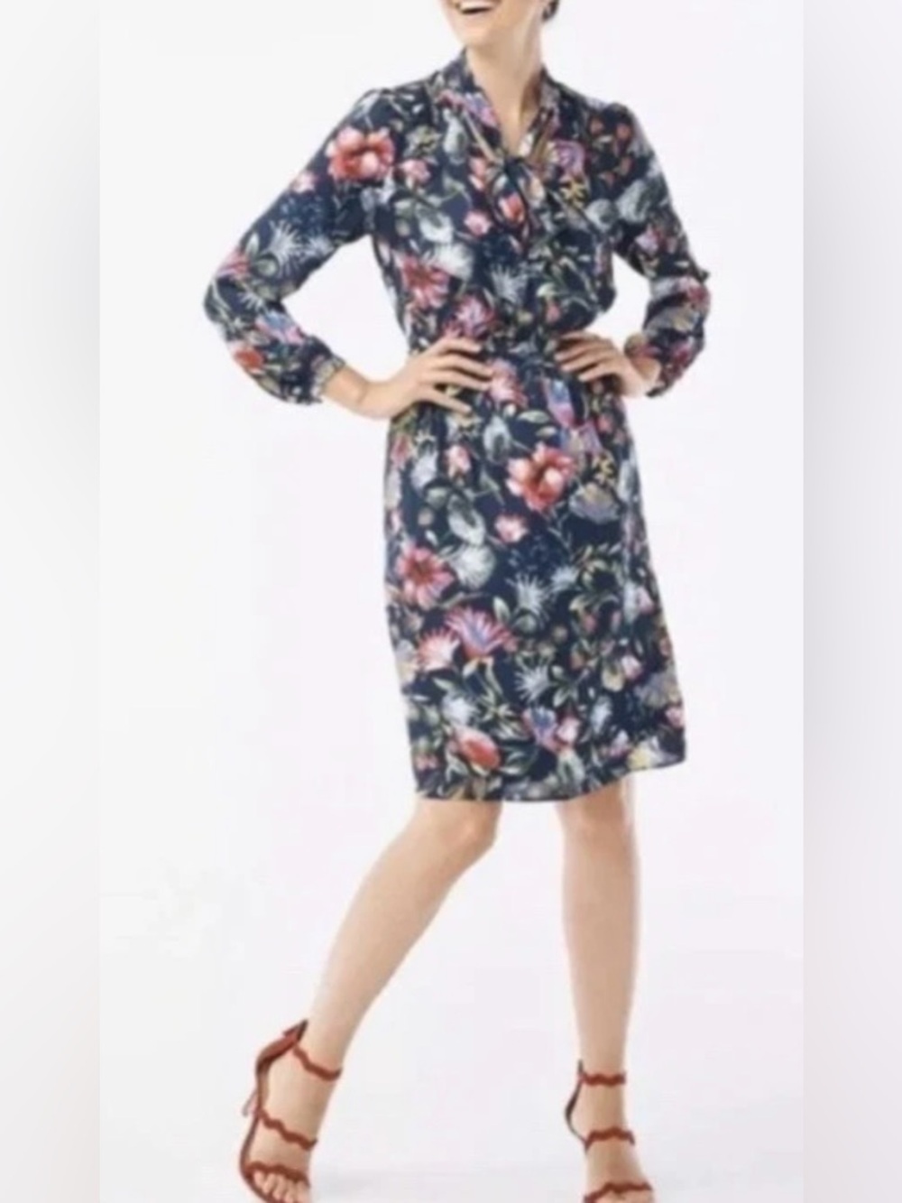 J.Crew Factory Floral Tie Neck Dress Small Navy Blue Long Sleeve A-Line Career